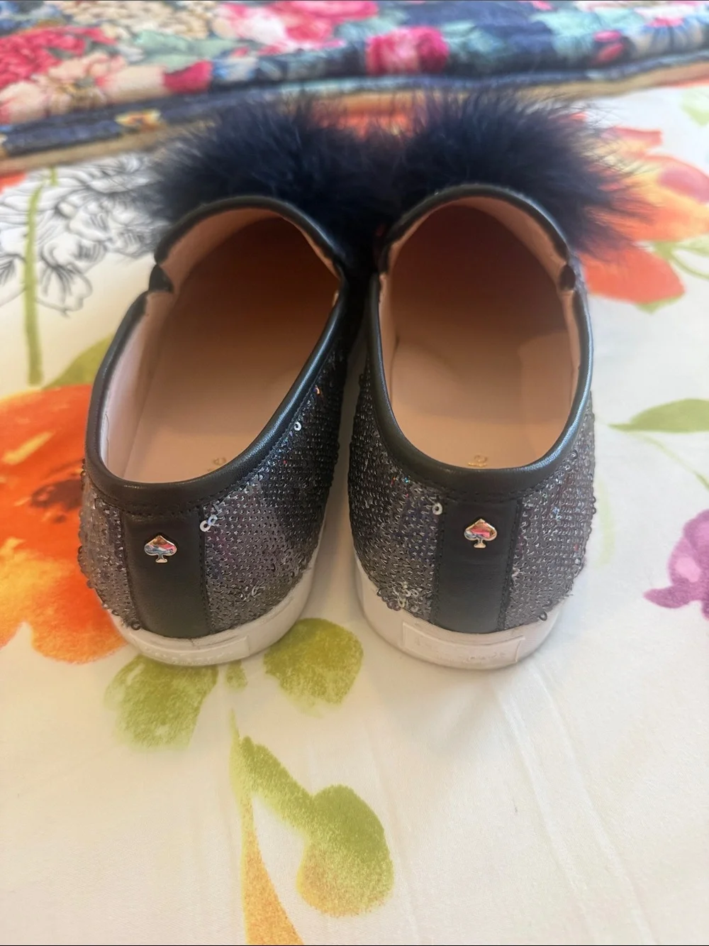 kate spade Black Sparkle Pom Slip-On Sneakers